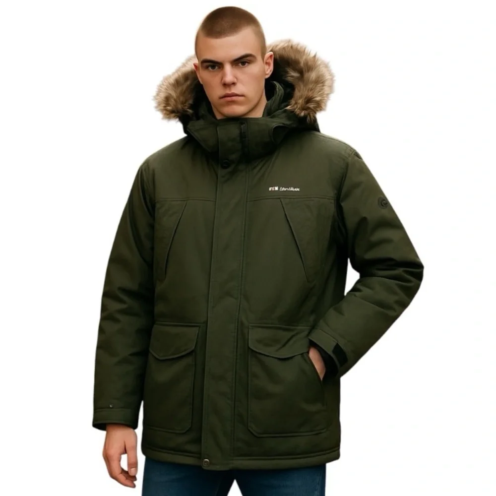 Eddie Bauer Men’s Superior Down Parka Jacket Large Army Green w Faux Fur Trim - Picture 1 of 17